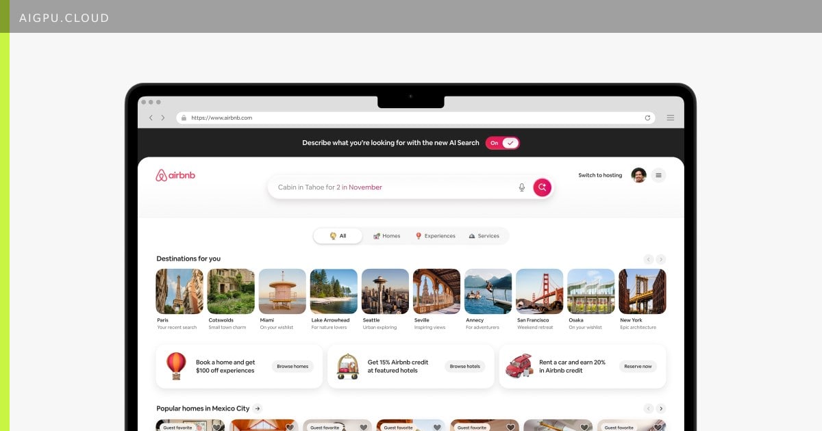Airbnb app interface showing AI-powered property search with dynamic filters