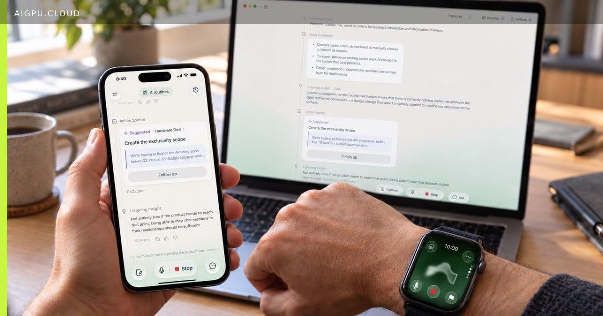 Ambi AI assistant interface showing continuous listening across iPhone, Mac, and Apple Watch