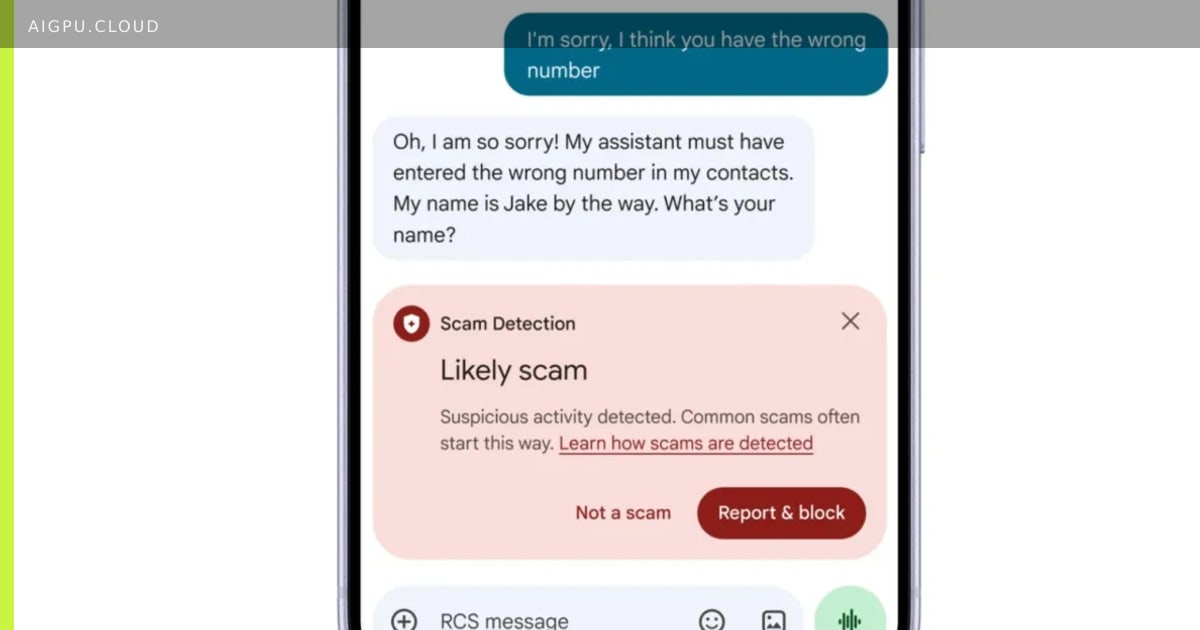 Android phone showing Google Messages with AI scam protection badge