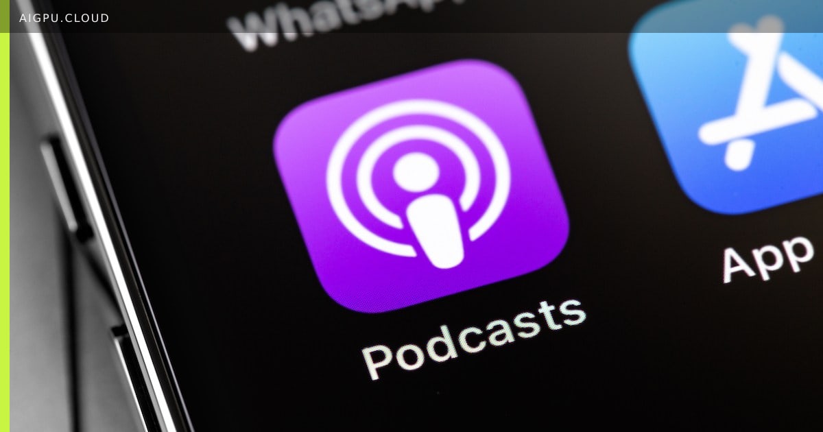 Apple logo alongside stylized audio waveform representing AI‑generated podcast technology
