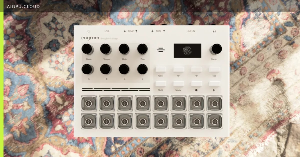 Engram AI music sampler device with glowing interface and audio cables