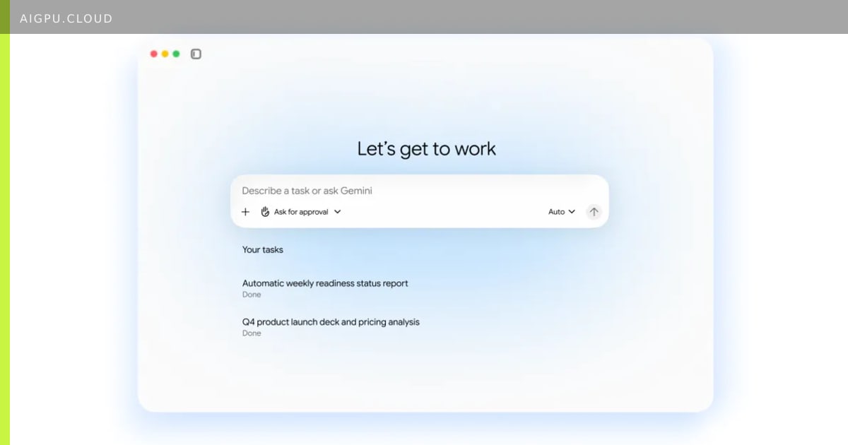 Illustration showing the Google Gemini AI agent interface running on laptop, phone, and web browser