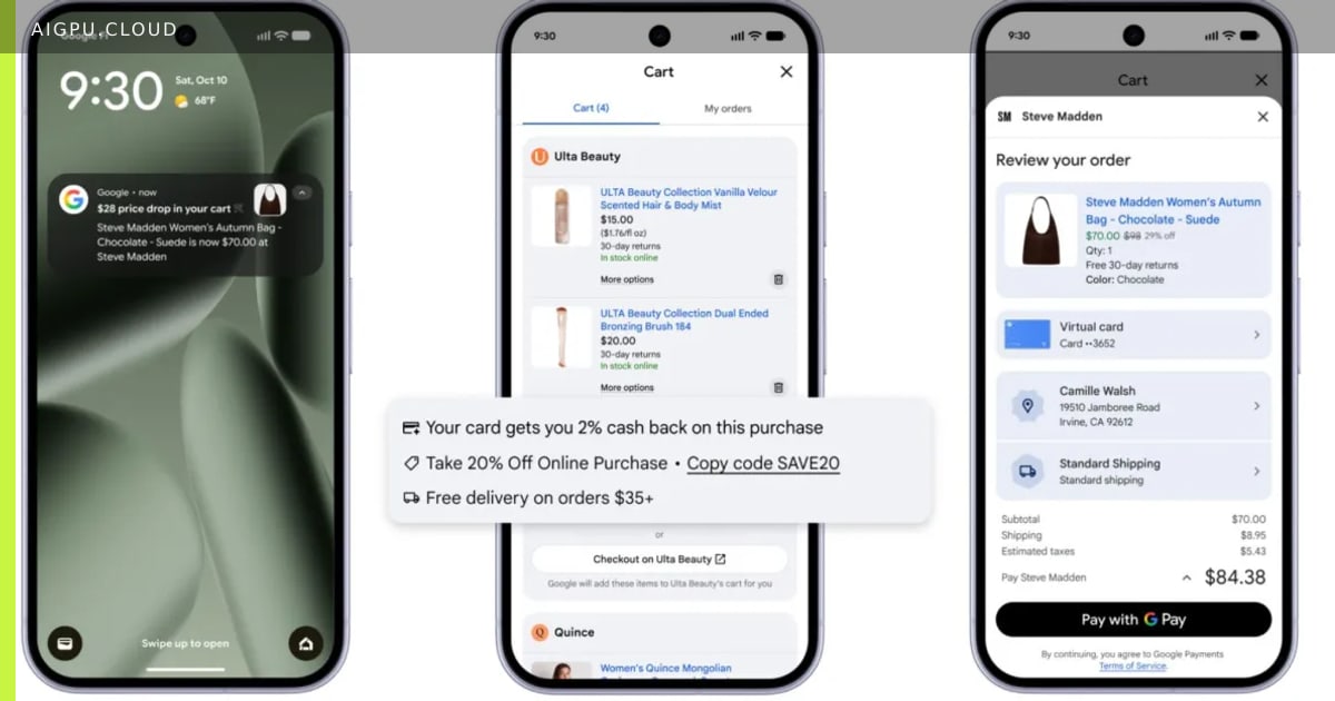 Google Universal Cart interface showing saved products from multiple retailers