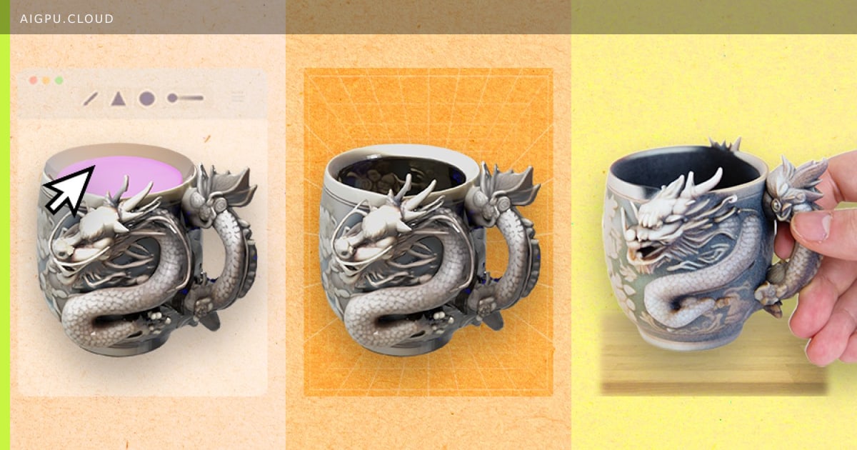 InstructMesh interface showing a 3D mug model with highlighted dragon-tail handle region and refinement controls