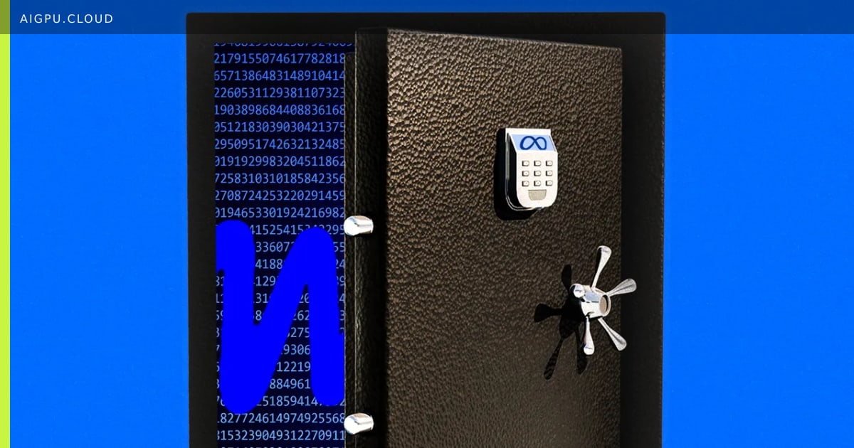 Abstract illustration representing AI security, with a digital shield protecting data flows and a stylized 'M' for Meta.