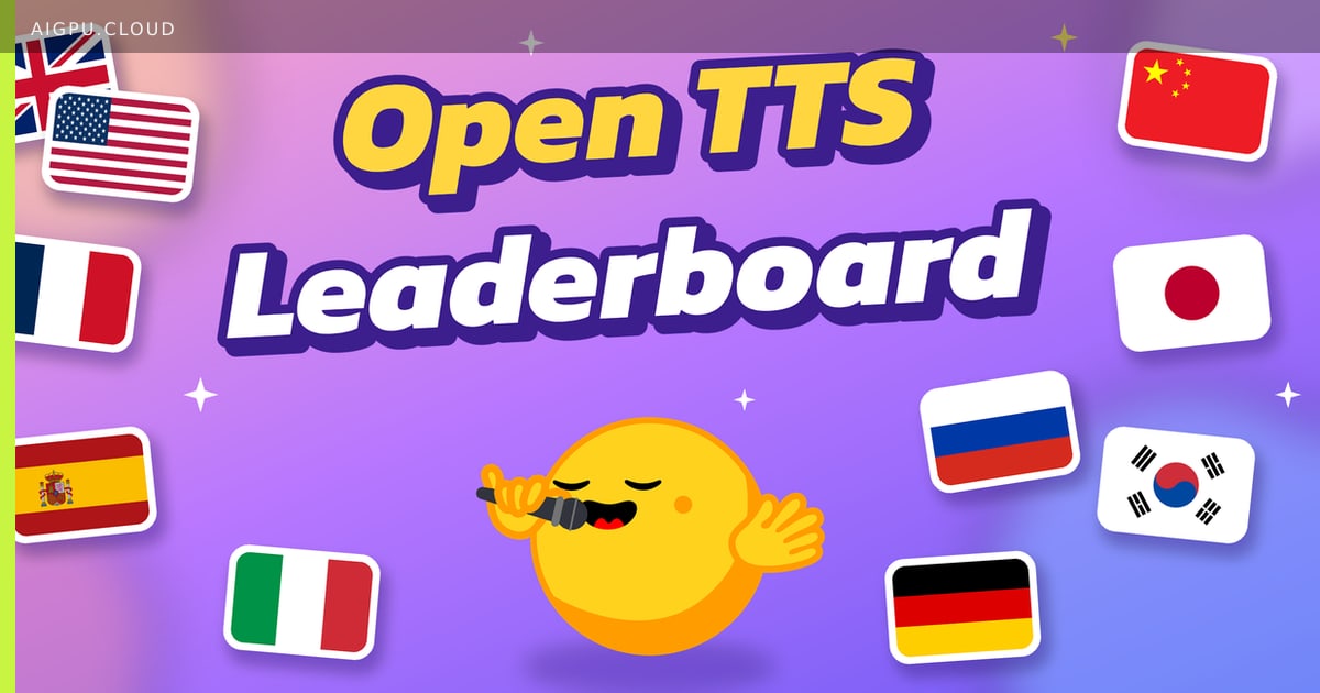 Illustration of the Open TTS Leaderboard dashboard showing model rankings for multilingual text-to-speech evaluation on H200 GPUs