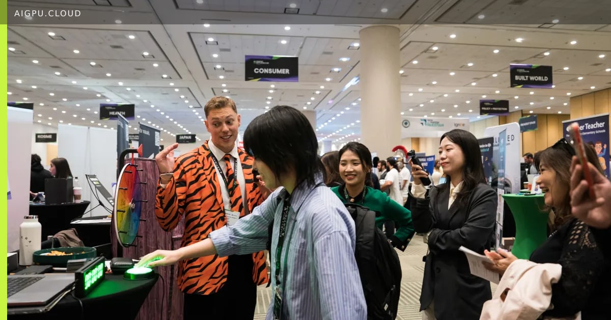 Crowd of tech founders and investors at a conference expo hall