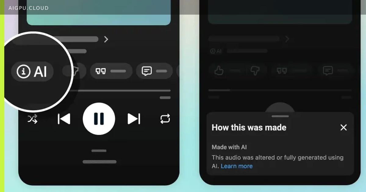 YouTube Music player showing a "Made with AI" label on a track