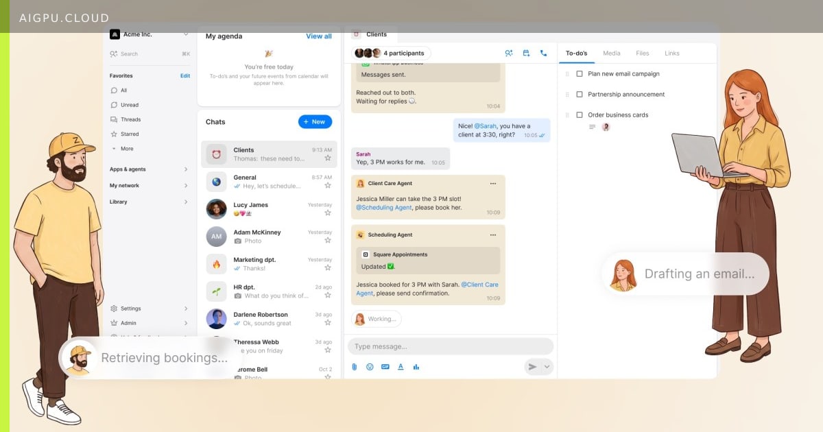 Zenzap AI workplace messaging app interface showing chat, tasks, and AI search